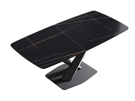 70.87" Modern Artificial Stone Black Curved Black Metal Leg Dining Table, Can Accommodate 6-8 People - Black