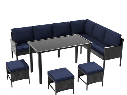 7 Piece Outdoor Furniture Set With Waterproof Cushions, Glass Table, And Space Saving Design - Blue