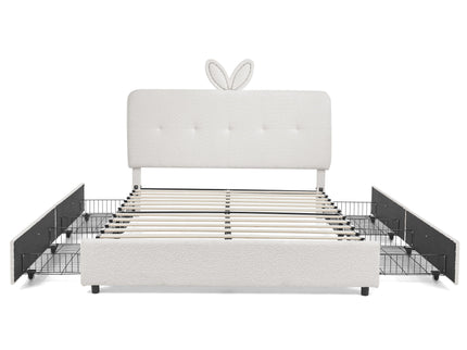 Upholstered Bed With Oversized Rabbit Ear Headboard, LED Lights & 4 Storage Drawers