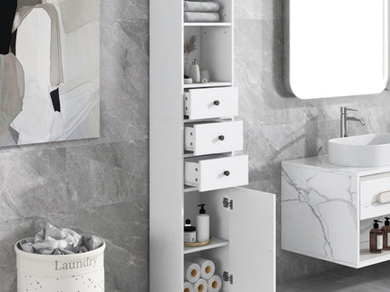 Tall Storage Cabinet With 3 Drawers And Adjustable Shelves For Bathroom