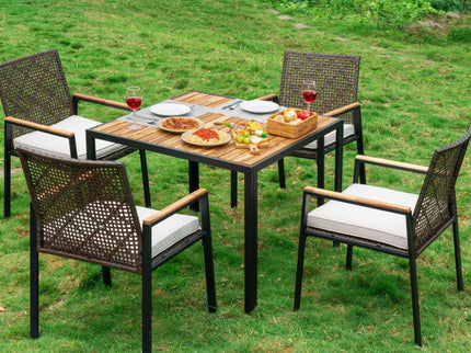 5 Piece Patio Dining Table Set, Acacia Wood Table Top With Umbrella Hole