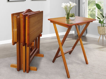 Folding Trays With Storage Rack Snack Table (Set of 4) - Honey