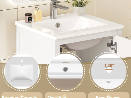 Bathroom Vanity With Ceramic Sink, Soft Close Drawers, Door Organizer, Divider Drawer, Adjustable Foot Pads