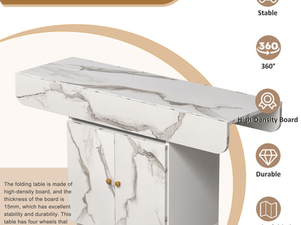 Versatile Marble Folding Dining Table With Storage Rack And Cabinet, 6 Wheels - White