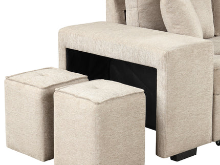 Modern L-Shape 3 Seat Reversible Sectional Couch, Pull Out Sleeper Sofa With Storage Chaise And 2 Stools For Living Room Furniture Set