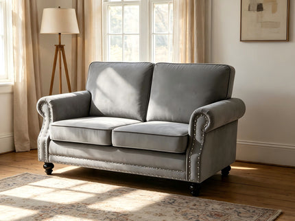 Loveseat Sofa With Nailhead Detail & Turned Legs, 2 Seater Upholstered Couch