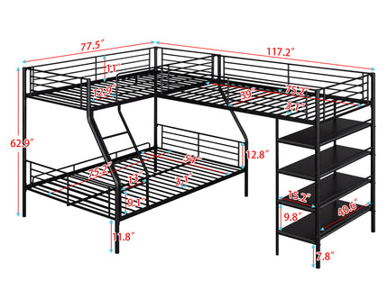 L-Shaped Twin Over Full Bunk Bed And Twin Loft Bed With 4 Built In Shelves - Black