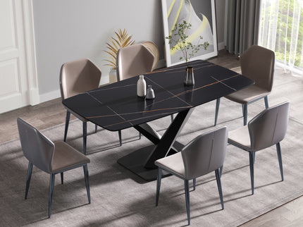 70.87" Modern Artificial Stone Black Curved Black Metal Leg Dining Table, Can Accommodate 6-8 People - Black