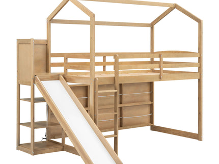 House Loft Bed With Slide, Storage Shelves And Light, Climbing Ramp