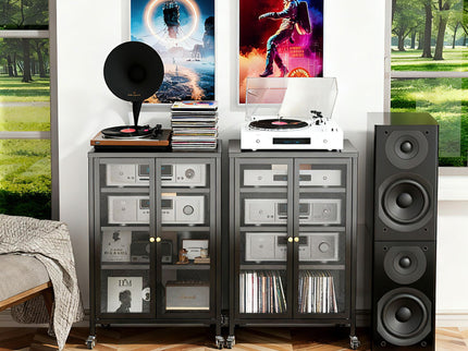 Media Storage Cabinet With Wheels, 4 Adjustable Glass Shelves & Door, Heavy-Duty - Black