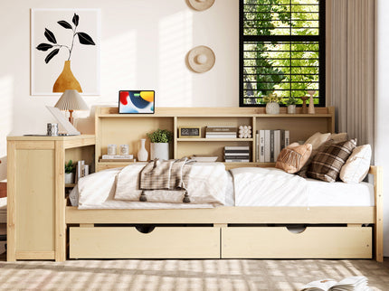 Corner Daybed With Storage Drawers, Desk, Charging Port & Bookcase