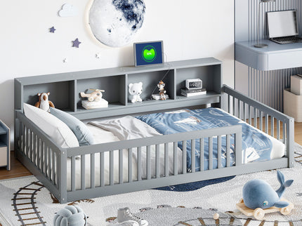 Twin Long Floor Bed With Storage Cabinets And USB Ports - Gray