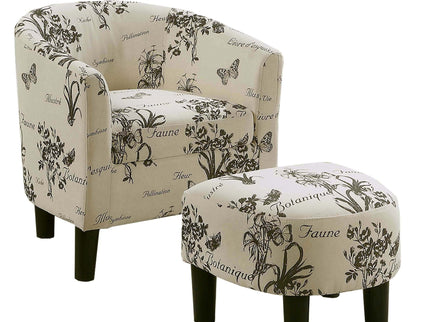 Accent Chair With Matching Ottoman Upholstered Round Backrest, Seating Set - Off White / White