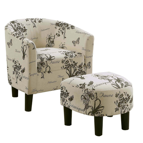 Accent Chair With Matching Ottoman Upholstered Round Backrest, Seating Set - Off White / White
