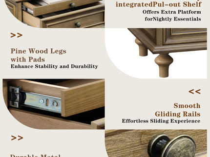 Nightstand With 4 Drawers With Hidden Pull Out Shelf - Light Brown