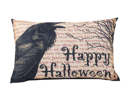 Crow Happy Halloween Pillow - Beige / Black