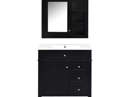Bathroom Vanity With Top Sink, 2 Doors And 3 Drawers, Freestanding Set With Mirror Cabinet