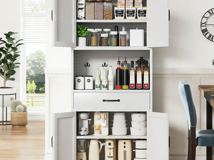 Kitchen Pantry Cabinet With Adjustable Shelves, Drawers, Hooks And Large Countertop - White
