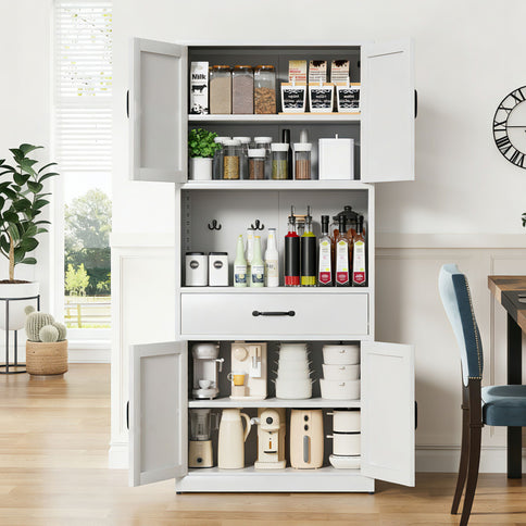 Kitchen Pantry Cabinet With Adjustable Shelves, Drawers, Hooks And Large Countertop - White