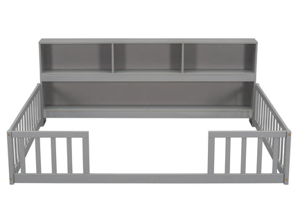 Floor Bed With Side Bookcase, Shelves, Guardrails