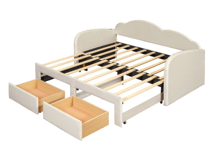 Upholstered Daybed With Cloud-Shaped Backrest, Trundle & 2 Drawers And USB Ports