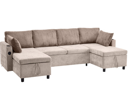 Sectional Sofa Bed With Pull Out Sleeper, USB Ports, Cup Holders