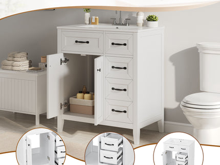Bathroom Vanity With Sink, Freestanding Design, Soft Close Doors & Drawers - White