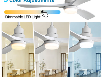52" Blade Ceiling Fan With Remote Controlled LED Light And Quiet DC Motor - White