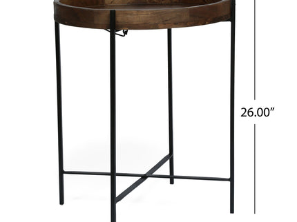 Modern Industrial Round End Table With Tray Top And Foldable Iron Legs - Natural
