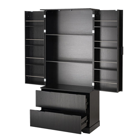 Fluted Kitchen Pantry Cabinet With 2 Large Drawers & 8 Door Spice Rack Freestanding Storage Organizer - Black