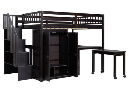 Loft Bed With Stairs, Bookshelf, Drawers, Desk & Wardrobe, Space Saving Multifunctional Furniture