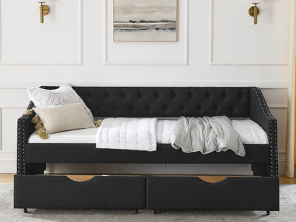 Upholstered Tufted Daybed With 2 Drawers, Waved Arms