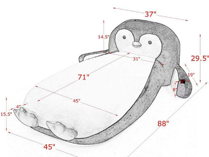 Twin Size Penguin Shaped Bed, Lounger Chair For Kids Bedroom - White / Black