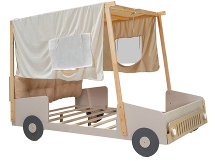 Twin Size Car Bed & Pillow, Ceiling Cloth And LED - Natural
