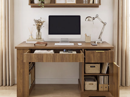 Modern Fluted Office Desk With Storage Cabinet