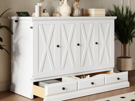Solid Pine Murphy Bed Chest Cube Cabinet Bed With Charging Station And Large Storage Drawer For Home Office Or Small Room