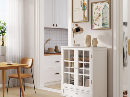 Minimalist Buffet Cabinet With Double Glass Doors And Drawer