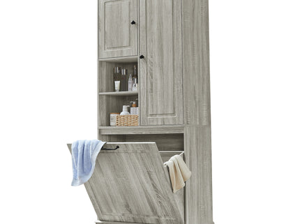 Modern Tall Storage Cabinet With Adjustable Shelves, Flip-Out Basket & Enclosed Doors