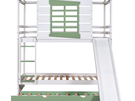 Twin Over Twin House Bunk Bed With Convertible Slide And Trundle - White