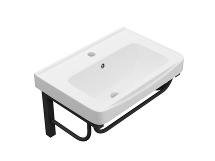 Wall Mounted Rectangular Bathroom Sink With 304 Stainless Steel Towel Bar & Overflow - White