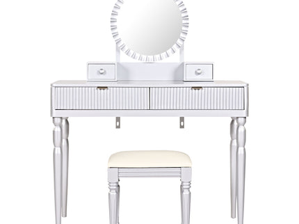 Luxury Vanity Desk With Round Mirror Height Adjustable Dressing Table Set Engineered Wood - Silver