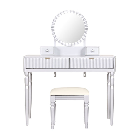 Luxury Vanity Desk With Round Mirror Height Adjustable Dressing Table Set Engineered Wood - Silver