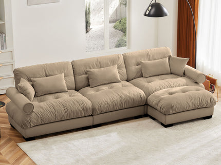 Modern Sectional Sofa With Ottoman, Round Bolster Armrests, Waist And Throw Pillows
