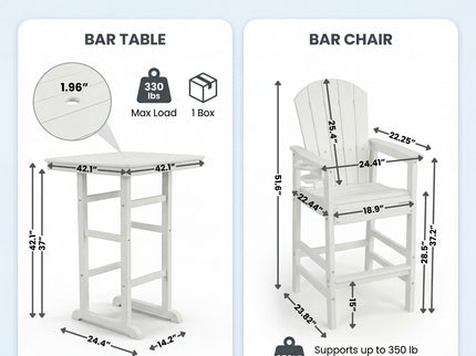 Outdoor Bar Height Adirondack Patio Chair With Cup Holder And Armrests All Weather UV Resistant - White
