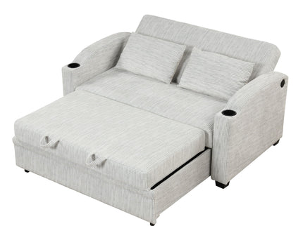 Pull Out Loveseat Sofa With Adjsutable Backrest, 2 Pillows, Cup Holders, USB Ports For Living Room