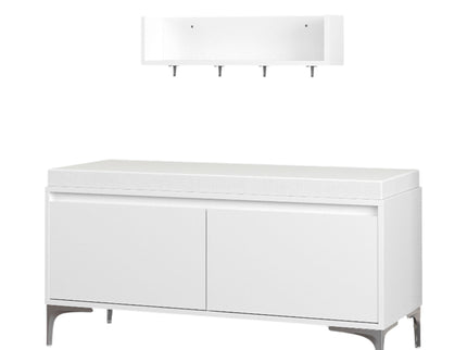 Wall Mounted Entryway Shelf With Hooks And Storage Bench Set - Off White