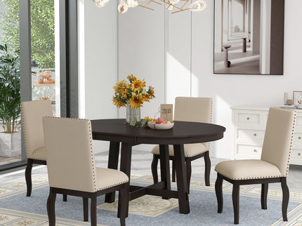 Round Extendable Dining Table Set With 4 Upholstered Chairs
