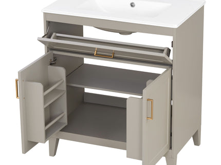 30" Bathroom Vanity With Sink Top, Soft Close Double Doors & Tip Out Drawer, Adjustable Interior Shelf, Door Mounted Organizers - Beige