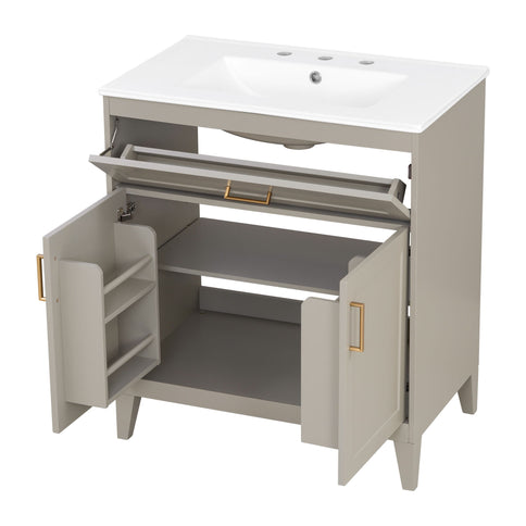 30" Bathroom Vanity With Sink Top, Soft Close Double Doors & Tip Out Drawer, Adjustable Interior Shelf, Door Mounted Organizers - Beige