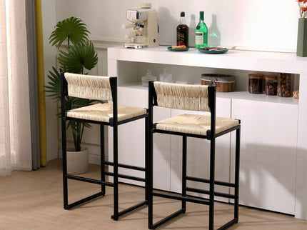 Bar Stools Paper Rope Weave Dining Chairs With Back Hand Weave Stools For Kichen Island, Bar & Counter (Set of 2)